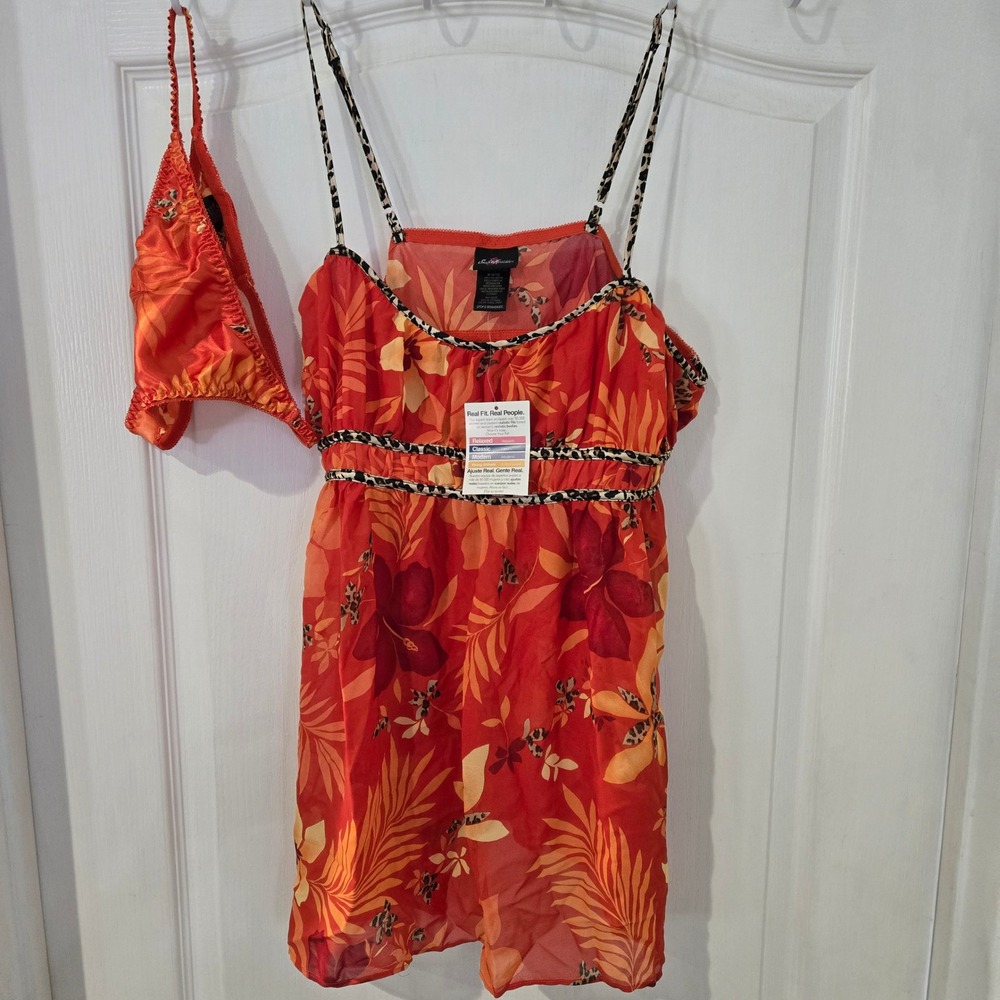 Secret Treasures Babydoll Lingerie Set Women M Coral Floral Thong Leopard NWT